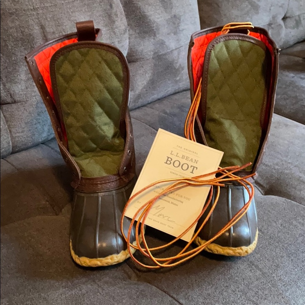 L.L. Bean Brown Duck Boots with Green Quilted Lining and Orange Interior